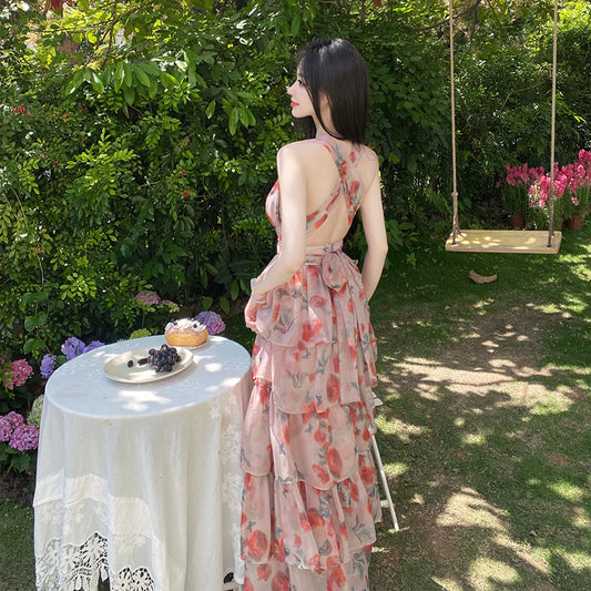 女人味交叉露背蛋糕裙碎花洋裝