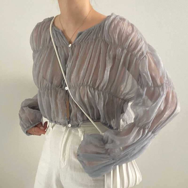 溫柔皺褶透膚感上衣 - TWINKLE