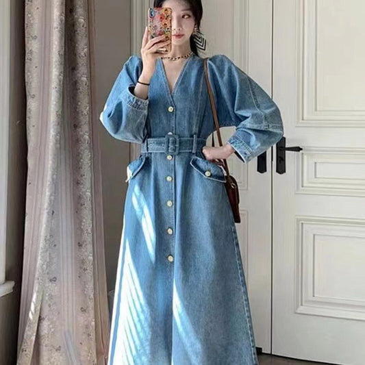 顯瘦大V牛仔洋裝