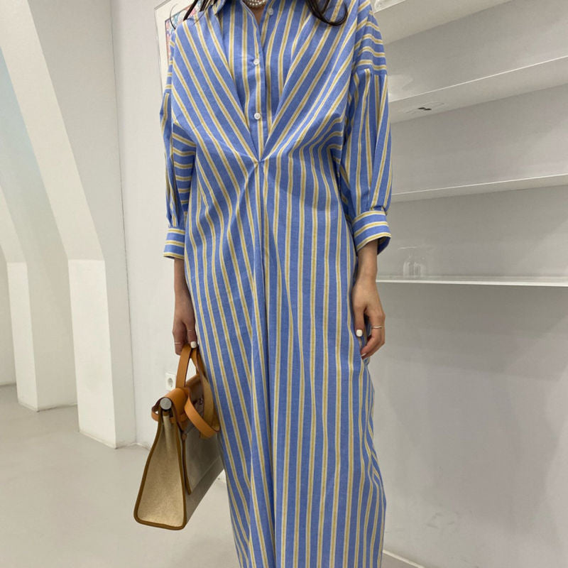 氣質女神撞色條紋壓褶洋裝