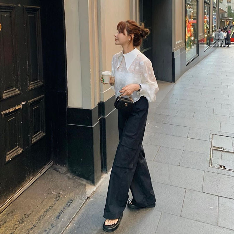 優雅尖領緹花上衣