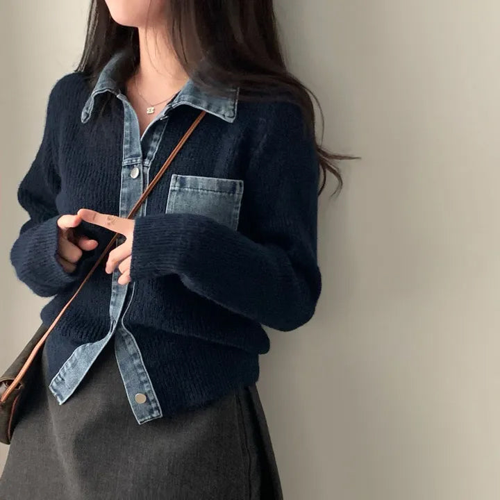 牛仔拼接針織上衣