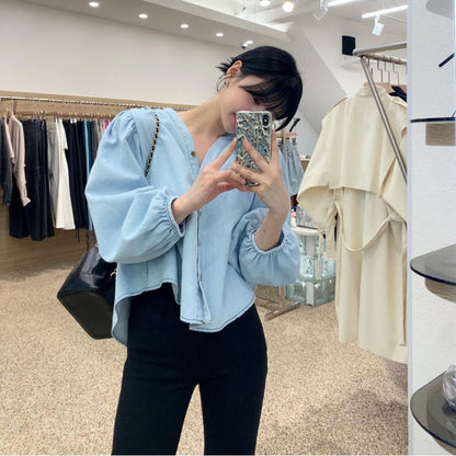顯瘦氣質牛仔澎袖上衣