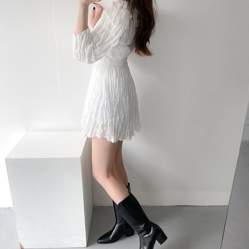 V領皺褶歐膩短洋裝