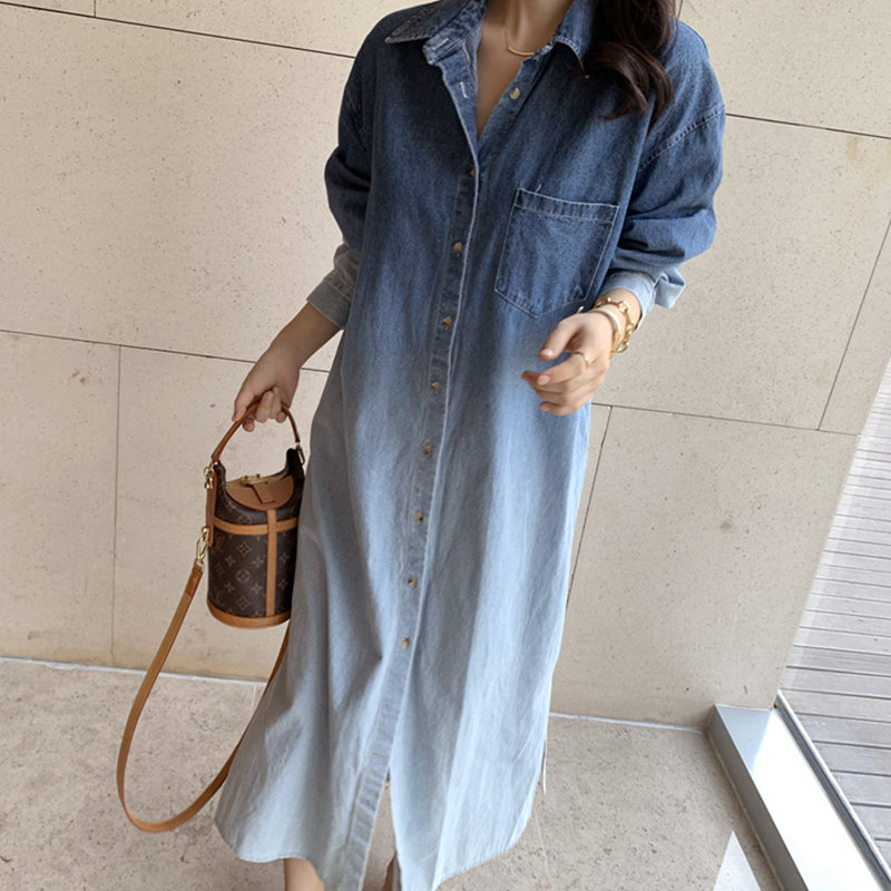 牛仔漸層襯衫式洋裝