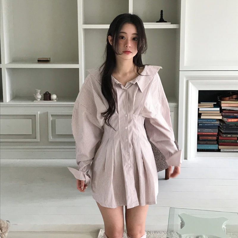 顯瘦大翻領收腰條紋洋裝