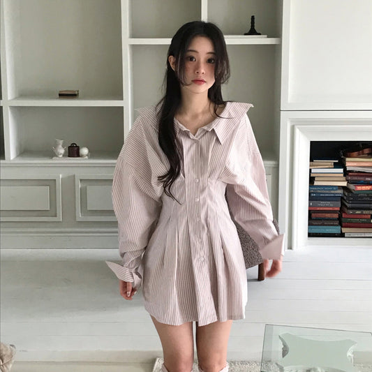 顯瘦大翻領收腰條紋洋裝