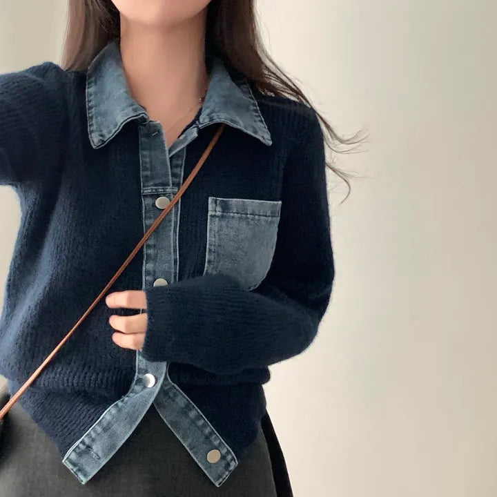 牛仔拼接針織上衣