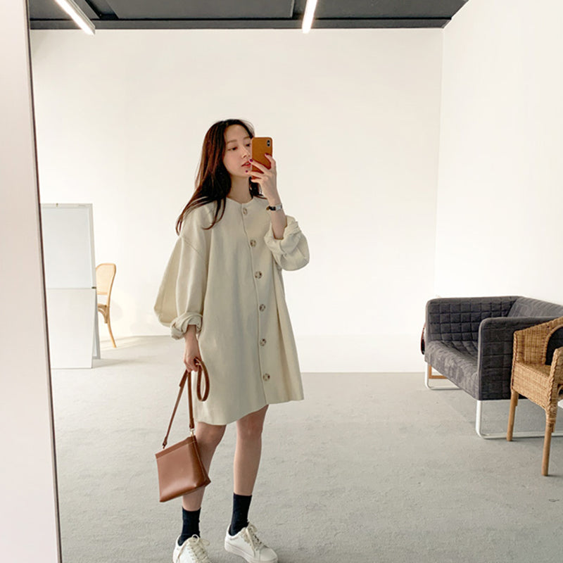 寬鬆溫柔鈕扣泡泡袖洋裝