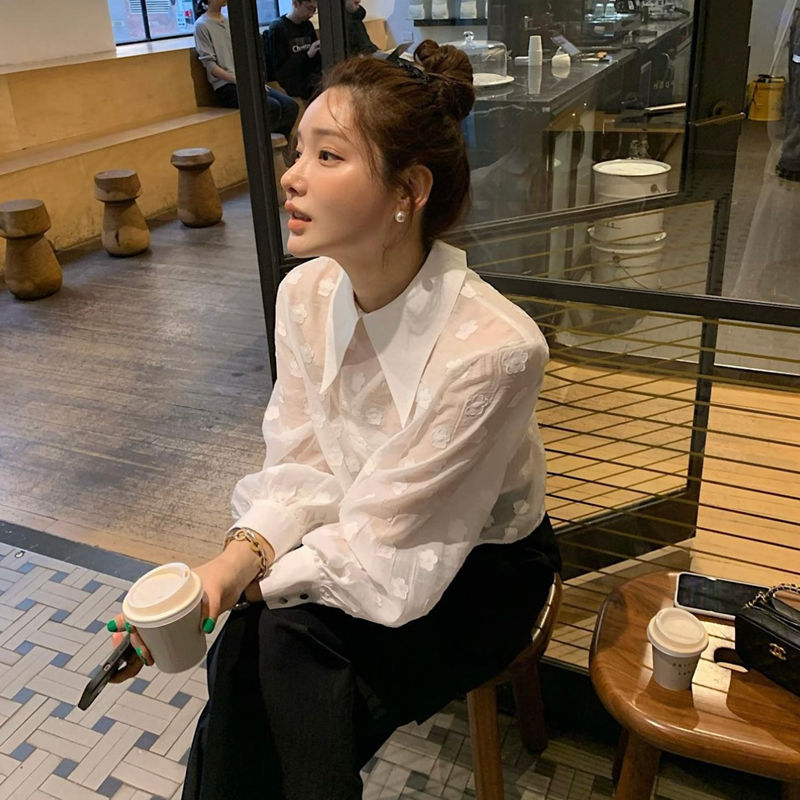 優雅尖領緹花上衣