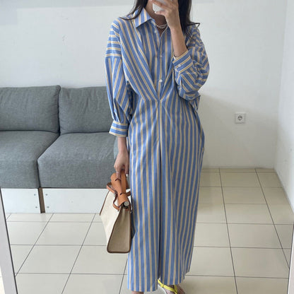 氣質女神撞色條紋壓褶洋裝