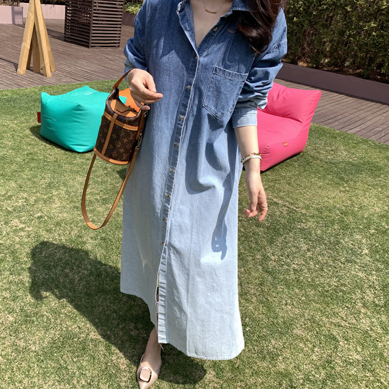 牛仔漸層襯衫式洋裝
