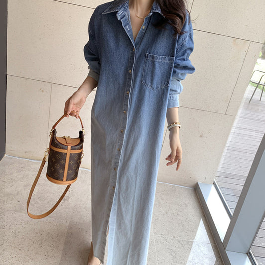 牛仔漸層襯衫式洋裝