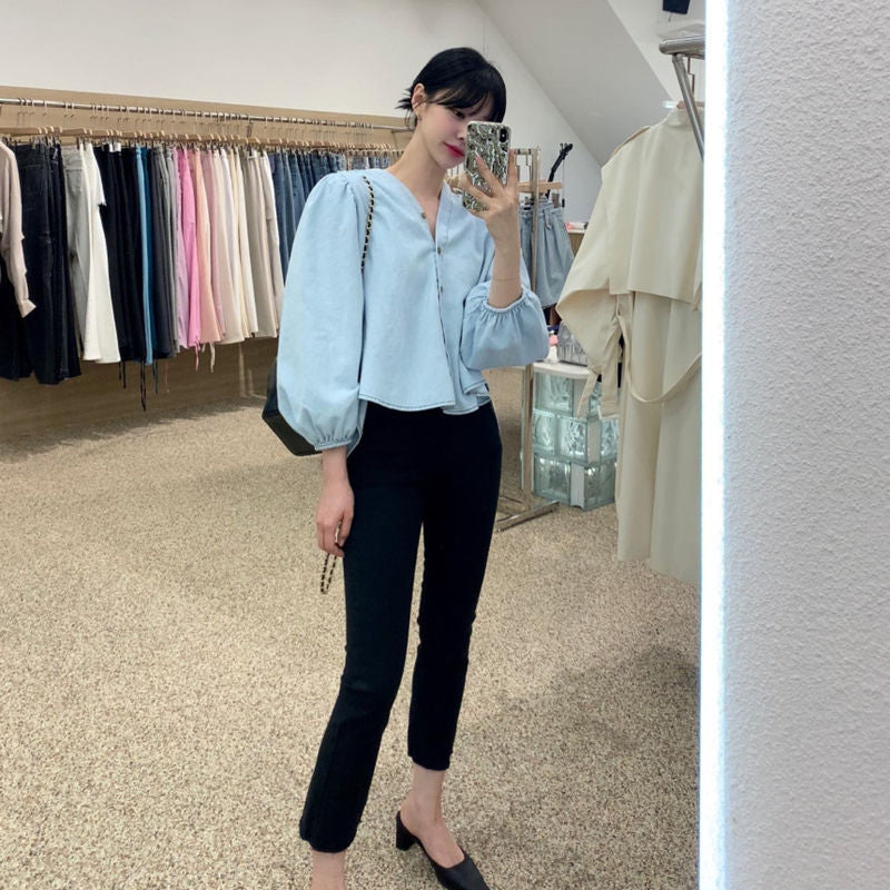 顯瘦氣質牛仔澎袖上衣