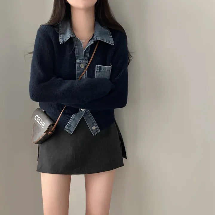 牛仔拼接針織上衣