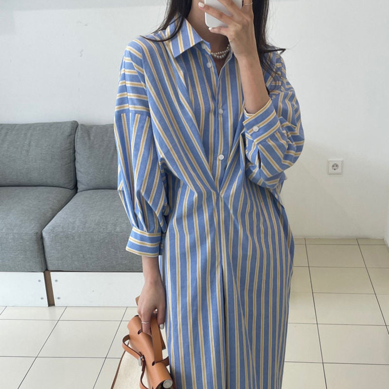 氣質女神撞色條紋壓褶洋裝