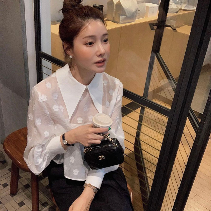 優雅尖領緹花上衣