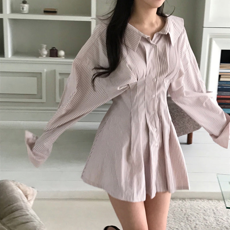 顯瘦大翻領收腰條紋洋裝