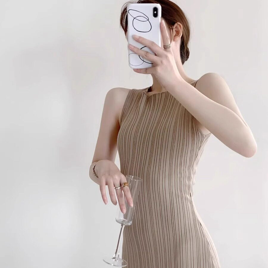 優雅微性感女人味冰絲針織洋裝