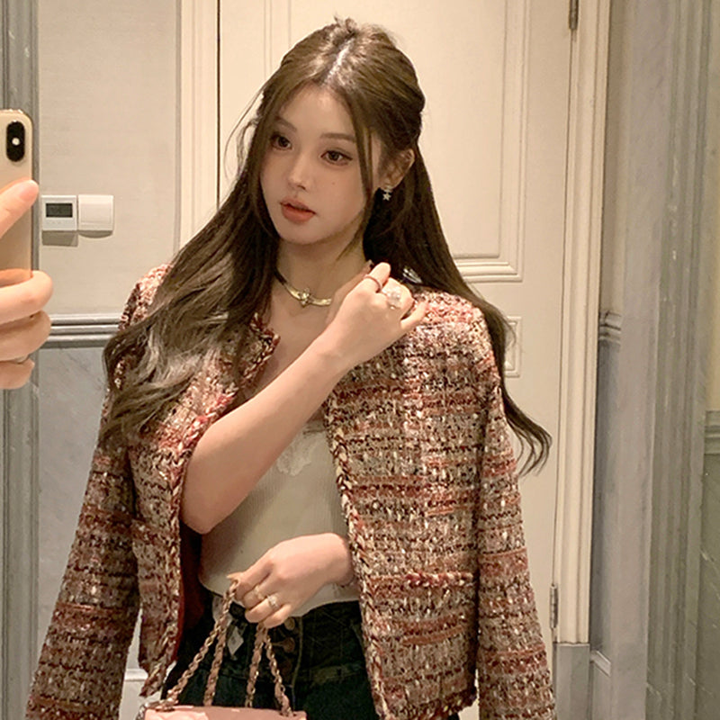 名媛高級感亮絲編織毛呢外套