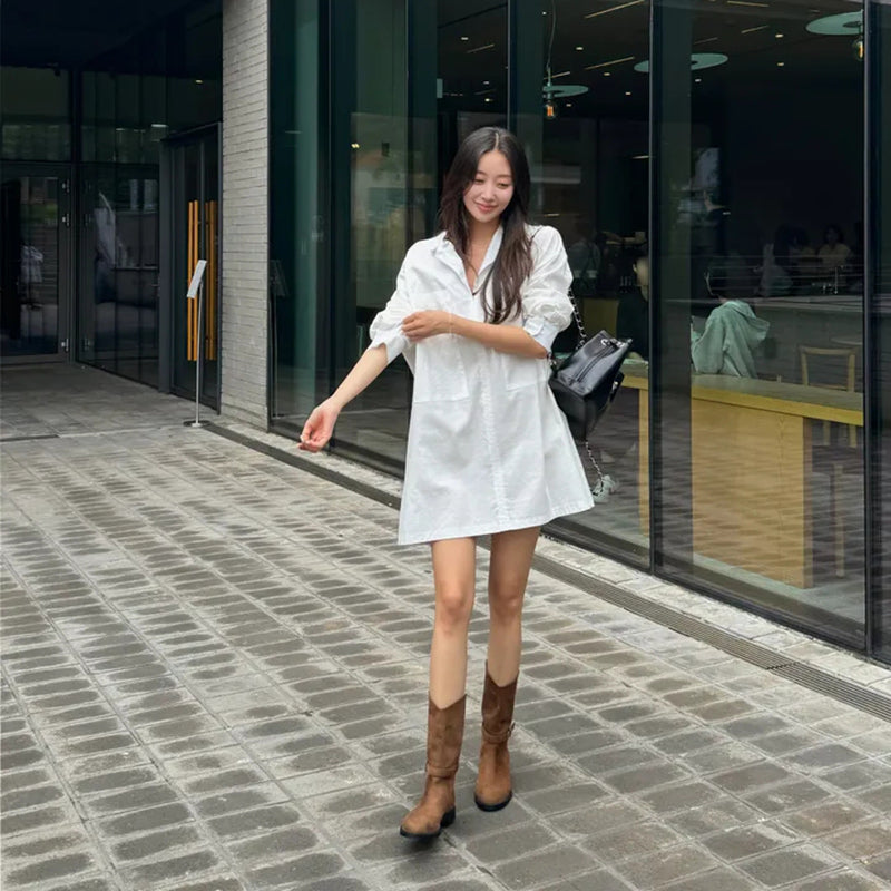 顯瘦腰帶襯衫領洋裝