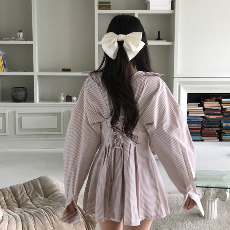 顯瘦大翻領收腰條紋洋裝