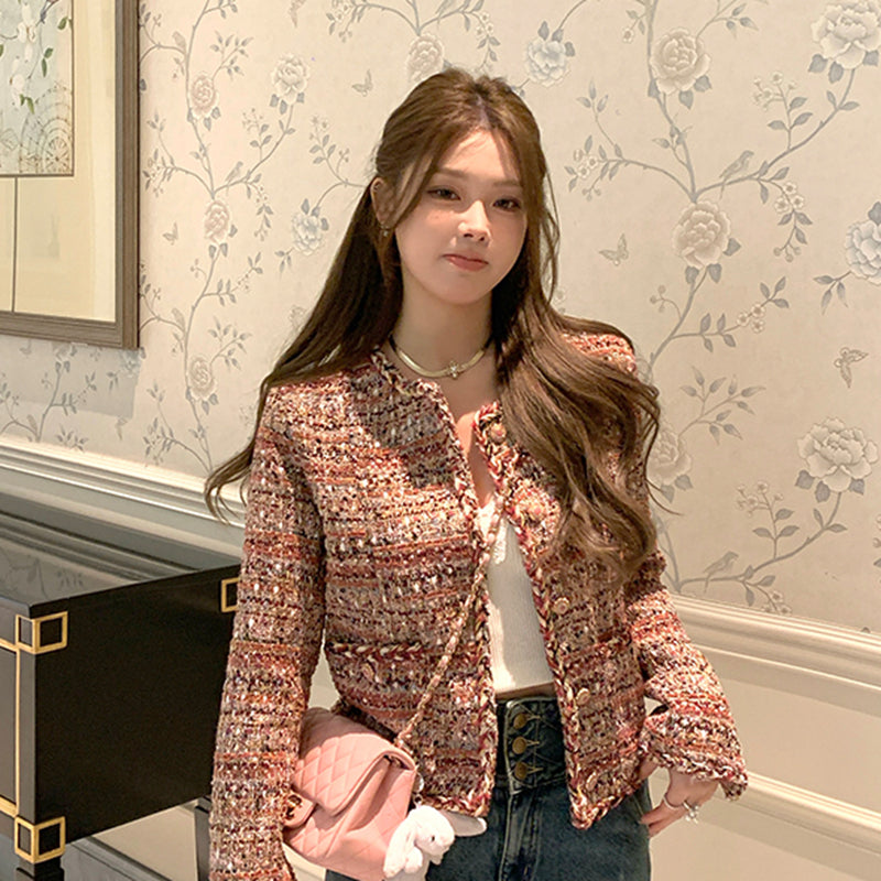 名媛高級感亮絲編織毛呢外套