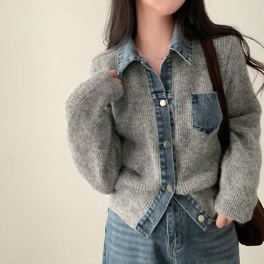 牛仔拼接針織上衣