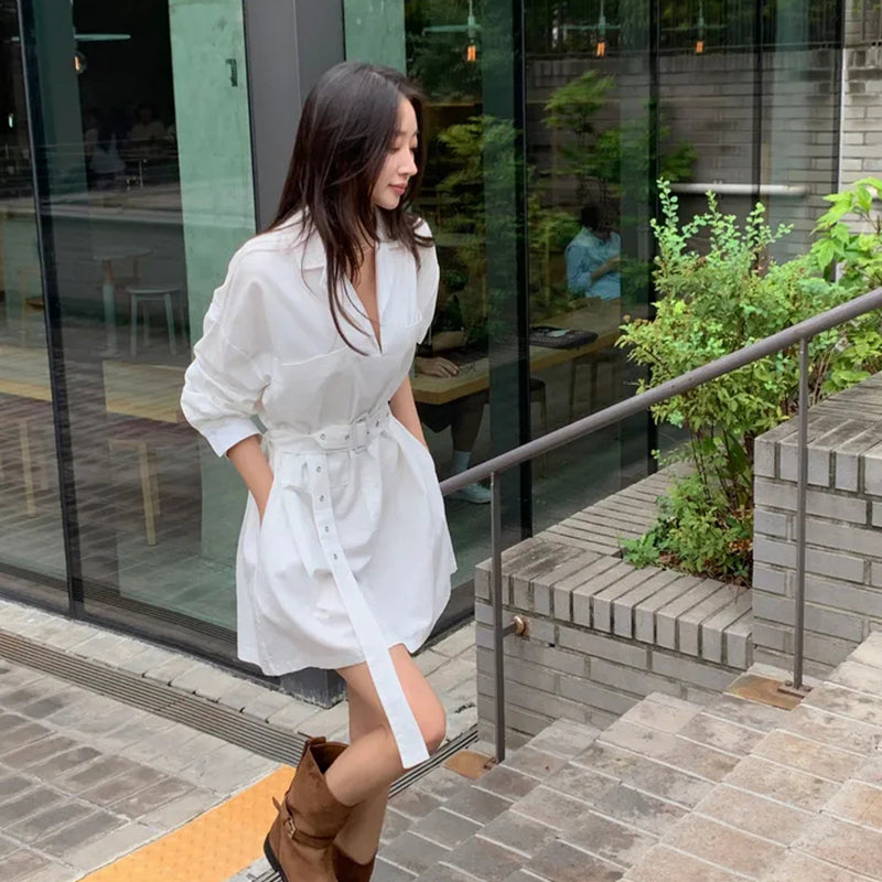 顯瘦腰帶襯衫領洋裝