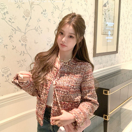 名媛高級感亮絲編織毛呢外套