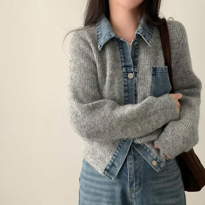 牛仔拼接針織上衣