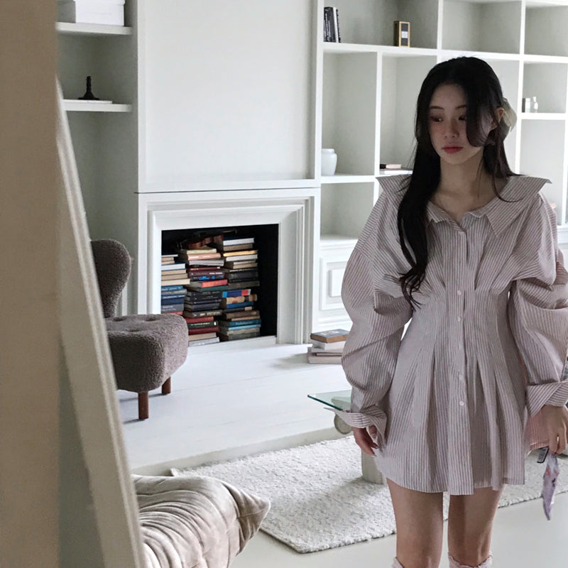 顯瘦大翻領收腰條紋洋裝