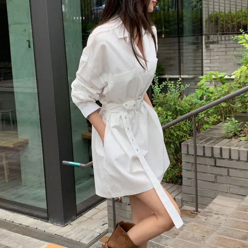 顯瘦腰帶襯衫領洋裝