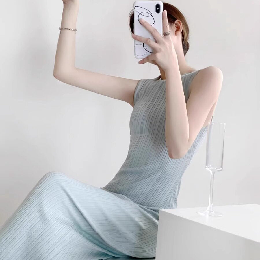 優雅微性感女人味冰絲針織洋裝