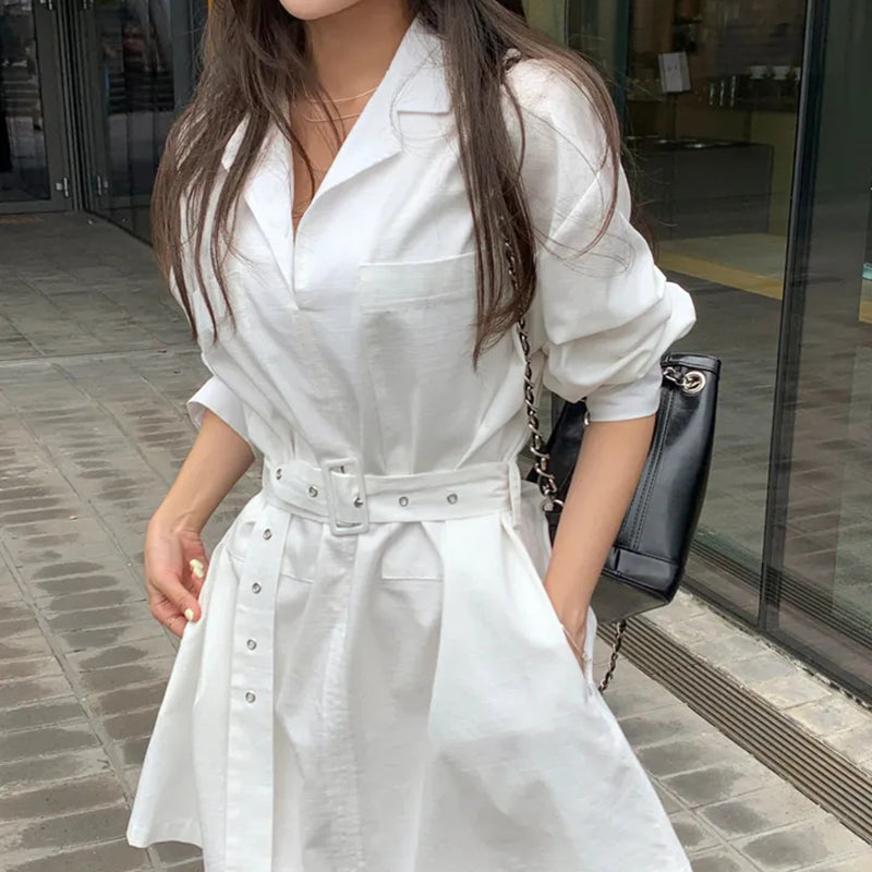 顯瘦腰帶襯衫領洋裝