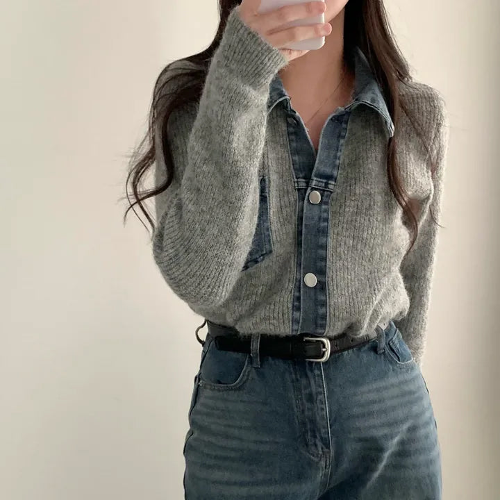 牛仔拼接針織上衣