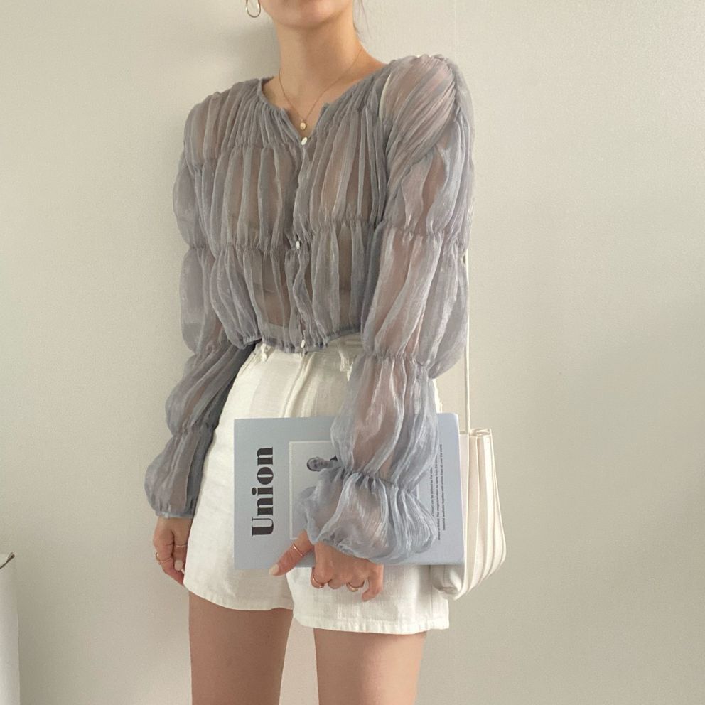 溫柔皺褶透膚感上衣 - TWINKLE