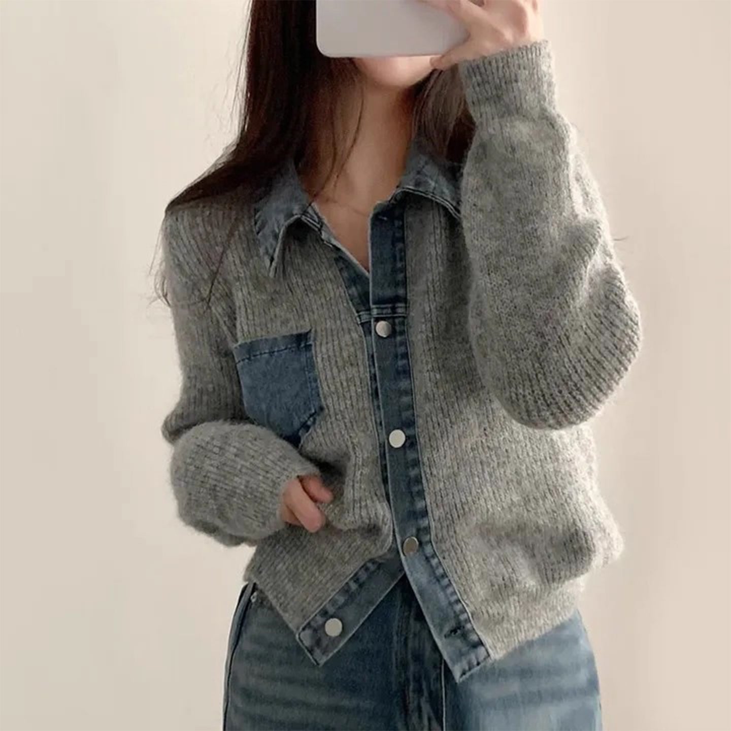 牛仔拼接針織上衣