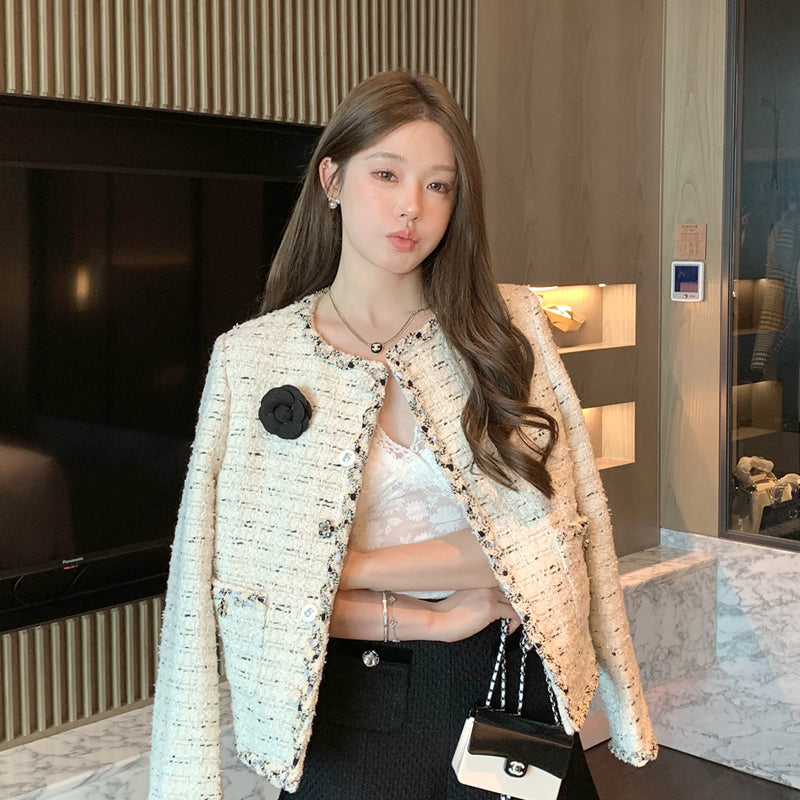 經典名媛山茶花小香毛呢外套