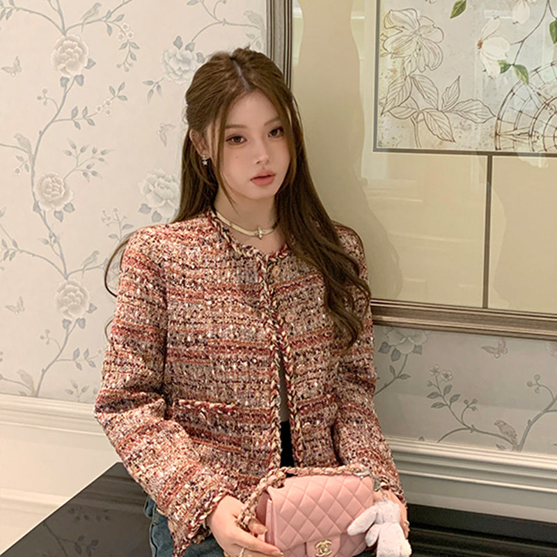 名媛高級感亮絲編織毛呢外套