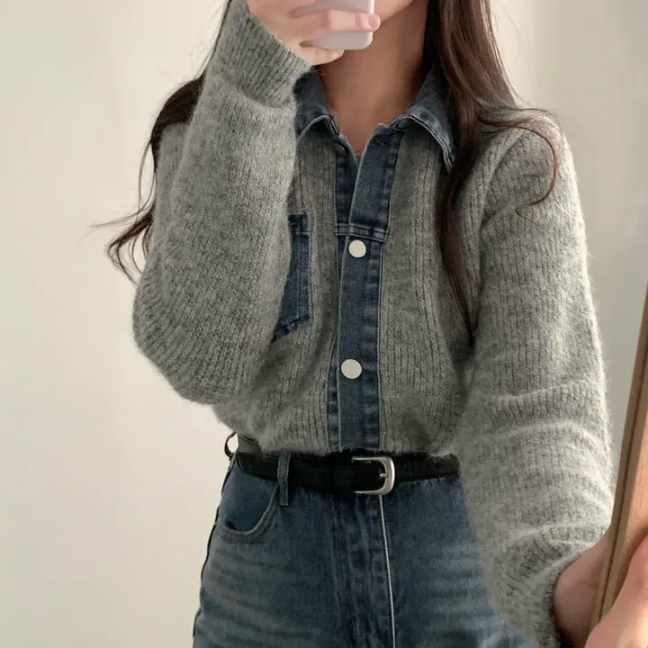 牛仔拼接針織上衣