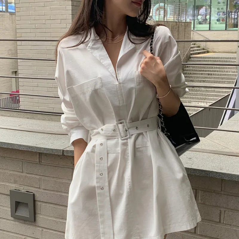 顯瘦腰帶襯衫領洋裝