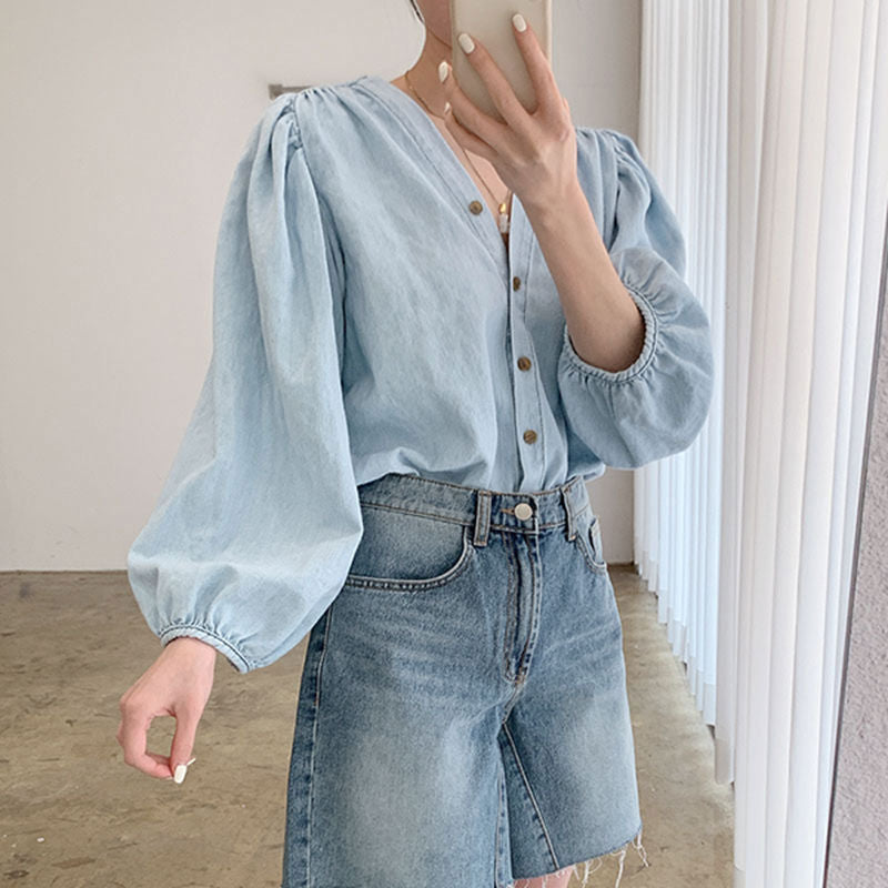 顯瘦氣質牛仔澎袖上衣