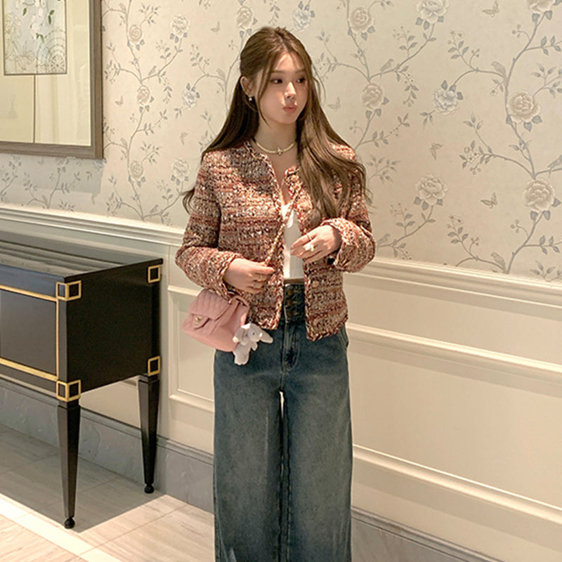 名媛高級感亮絲編織毛呢外套