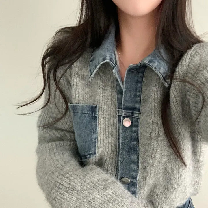 牛仔拼接針織上衣