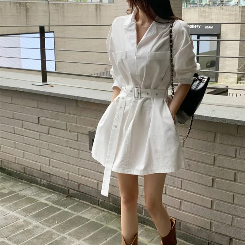 顯瘦腰帶襯衫領洋裝