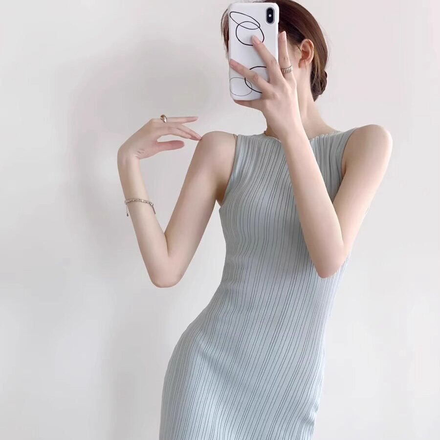 優雅微性感女人味冰絲針織洋裝