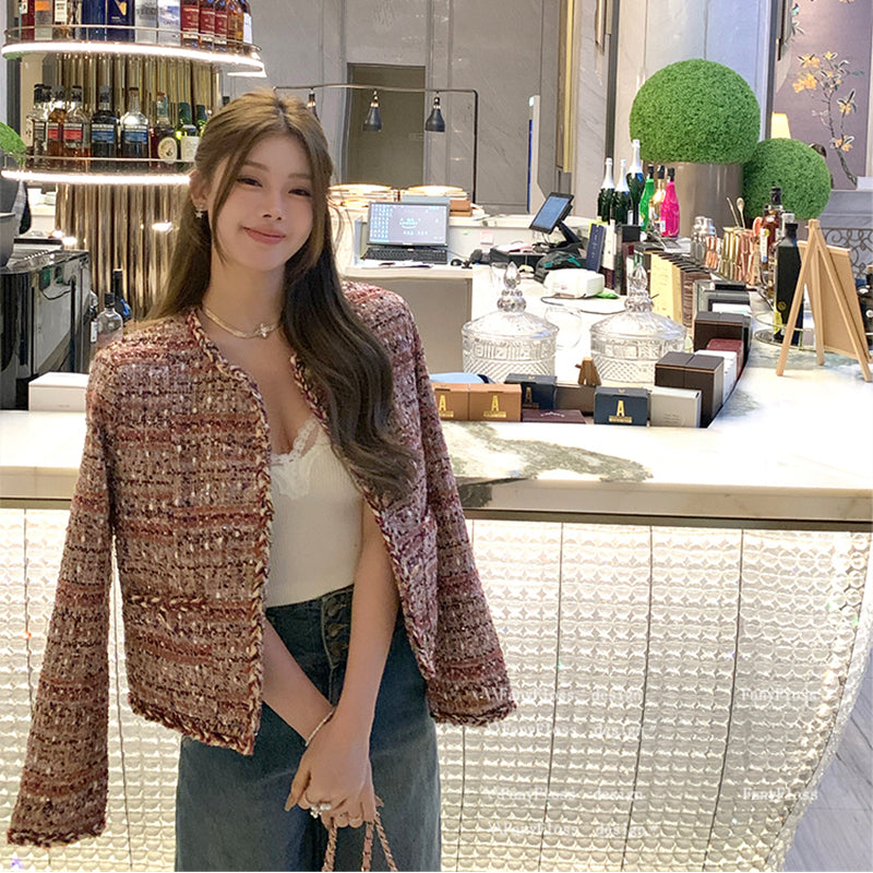 名媛高級感亮絲編織毛呢外套