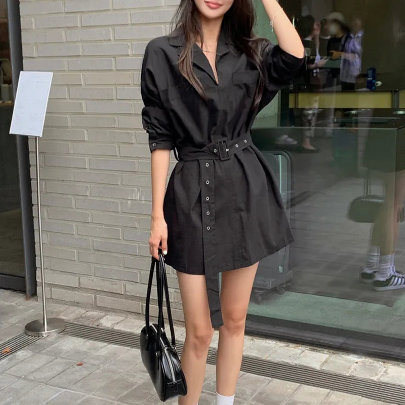 顯瘦腰帶襯衫領洋裝