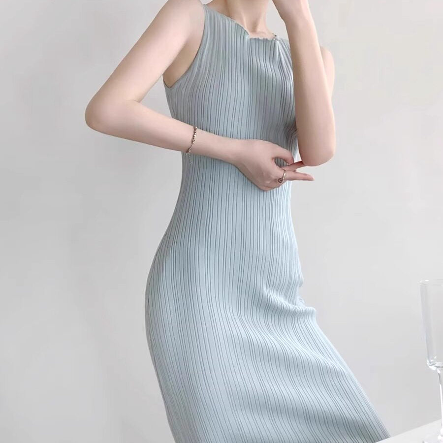 優雅微性感女人味冰絲針織洋裝